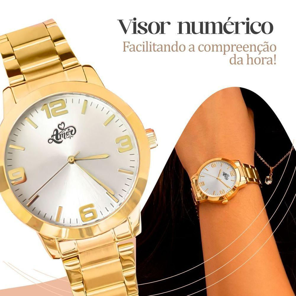 Pulseira Colar Caixa Relogio Feminino Aço Dourado