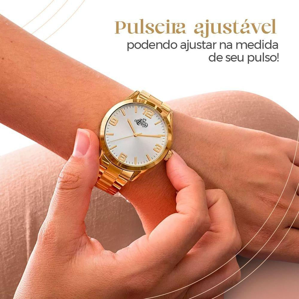 Pulseira Colar Caixa Relogio Feminino Aço Dourado