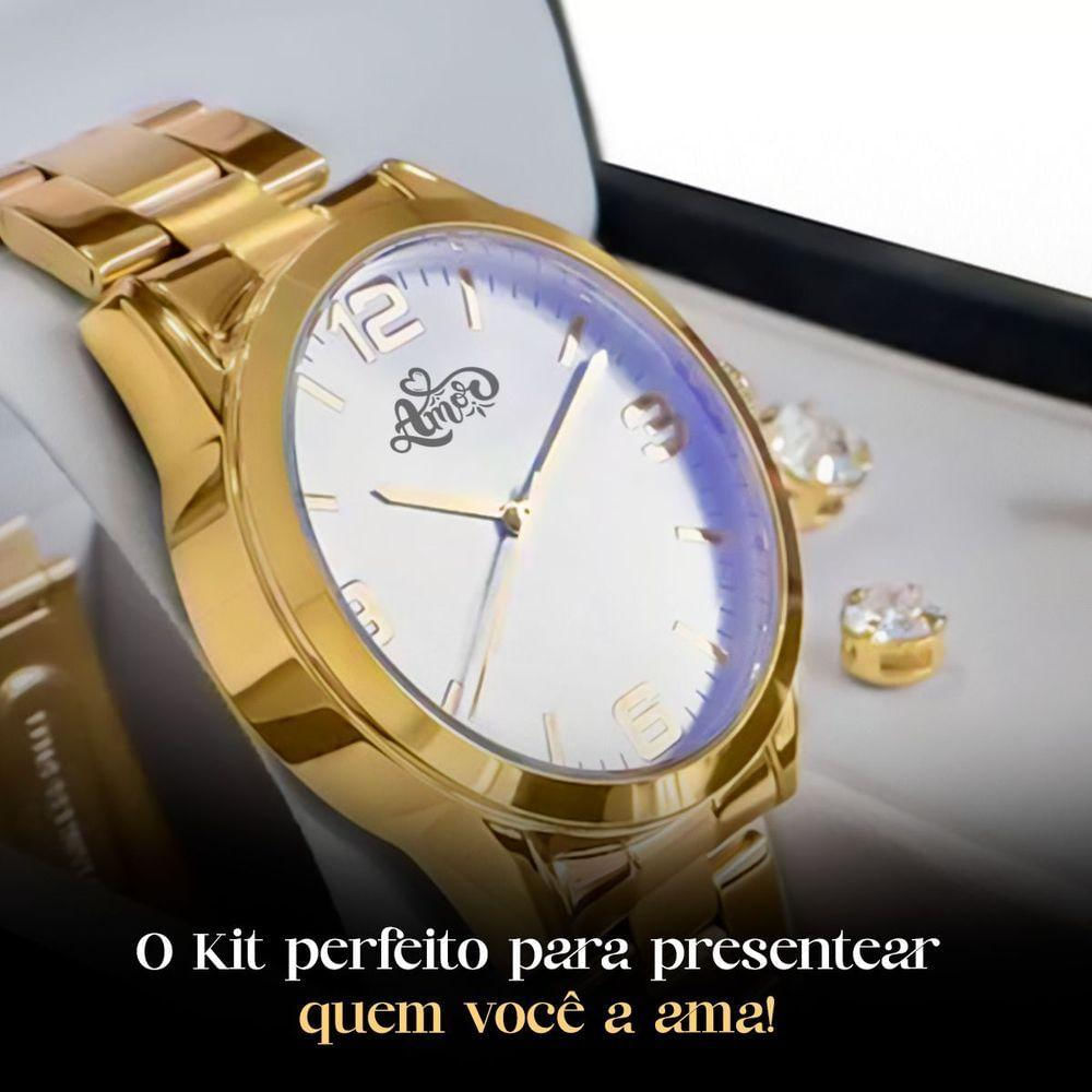 Pulseira Colar Caixa Relogio Feminino Aço Dourado