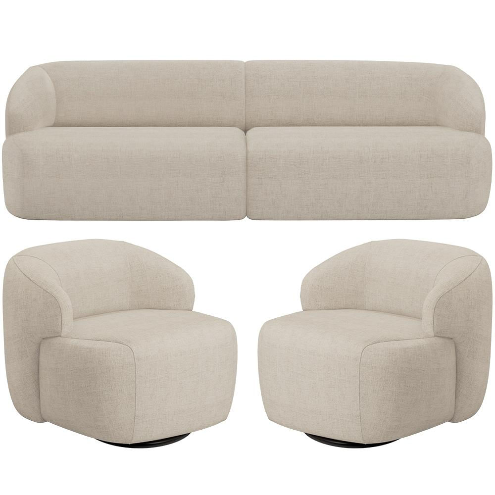 Sofá 3 Lugares Curvo Orgânico com 02 Poltronas Para Sala Living 220cm Barolo L06 Linho Bege Escuro - Lyam Decor