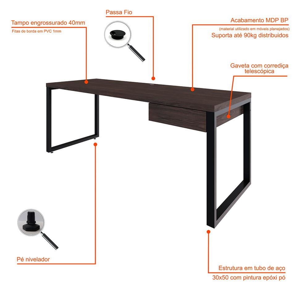 Mesa de Escritório Retangular Miguel 1 GV Marrom Escuro e Preta 190 cm