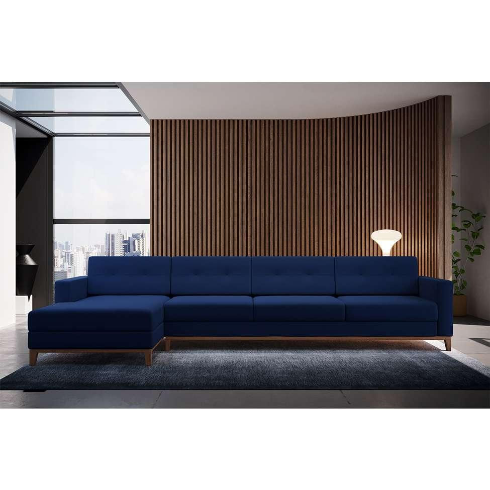 Sofá 4 Lugares Living com Chaise Esquerdo Pés e Base em Madeira Linho Cotton Azul Marinho