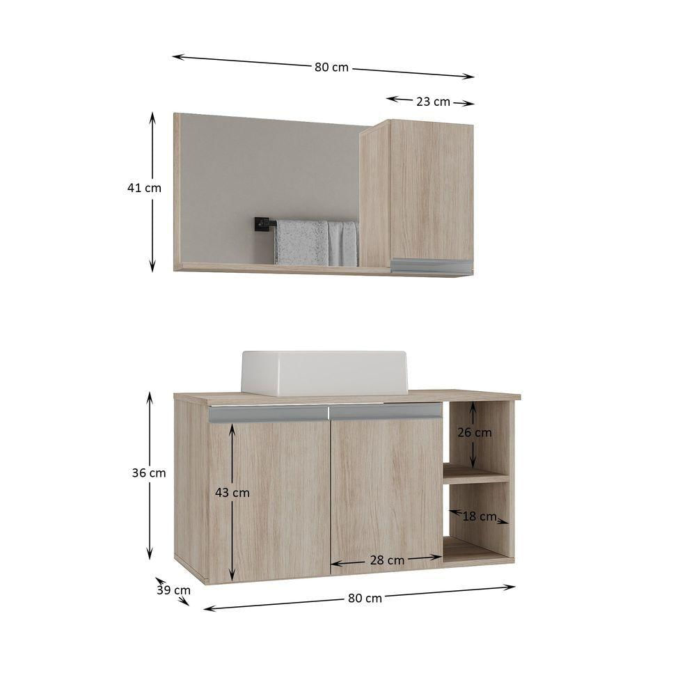 Conjunto Gabinete Banheiro Virtus 80cm - Gabinete + Cuba + Espelheira Madeirado Inteiro