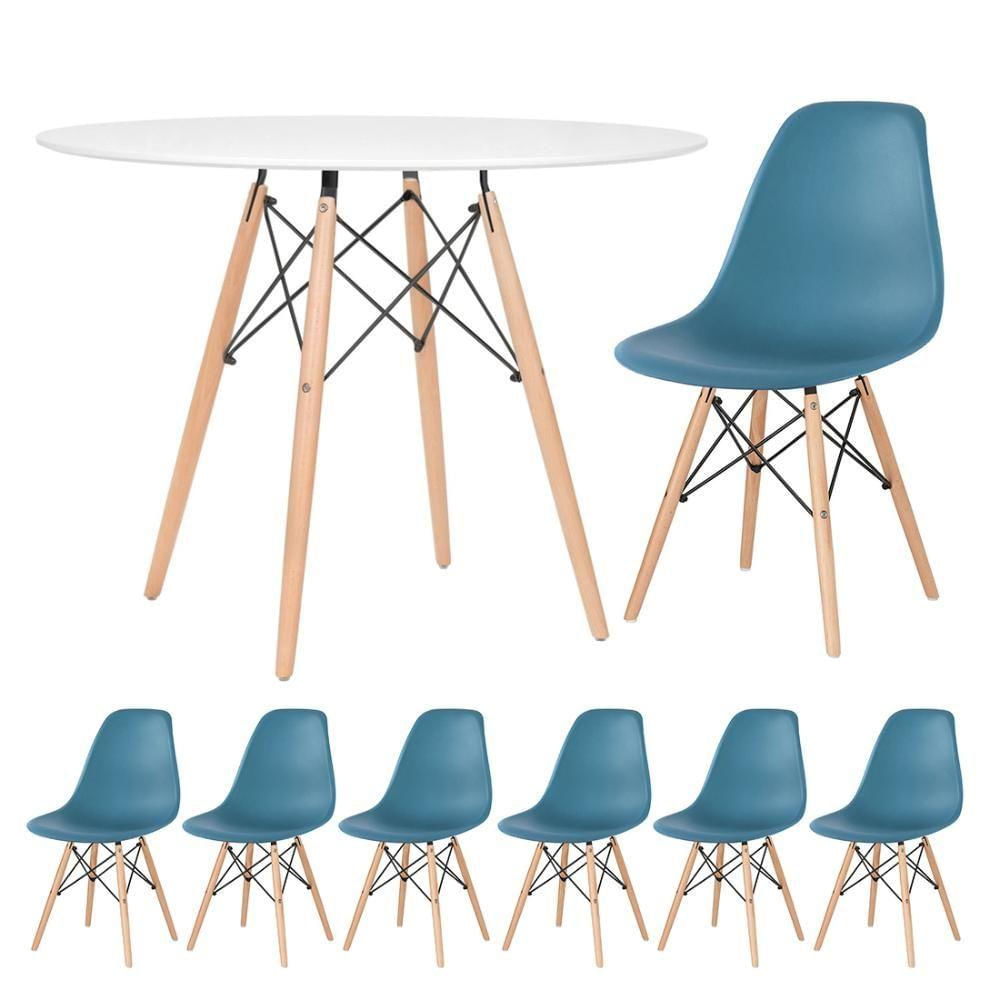 Mesa Redonda Eames 100cm Branco + 6 Cadeiras Turquesa