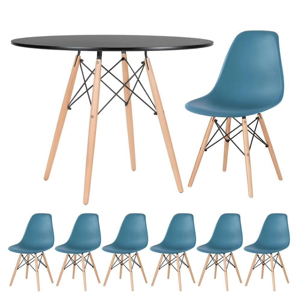 Mesa Redonda Eames 100cm Preto + 6 Cadeiras Turquesa