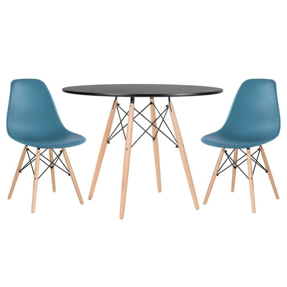 Mesa Redonda Eames 100cm Preto + 2 Cadeiras Turquesa