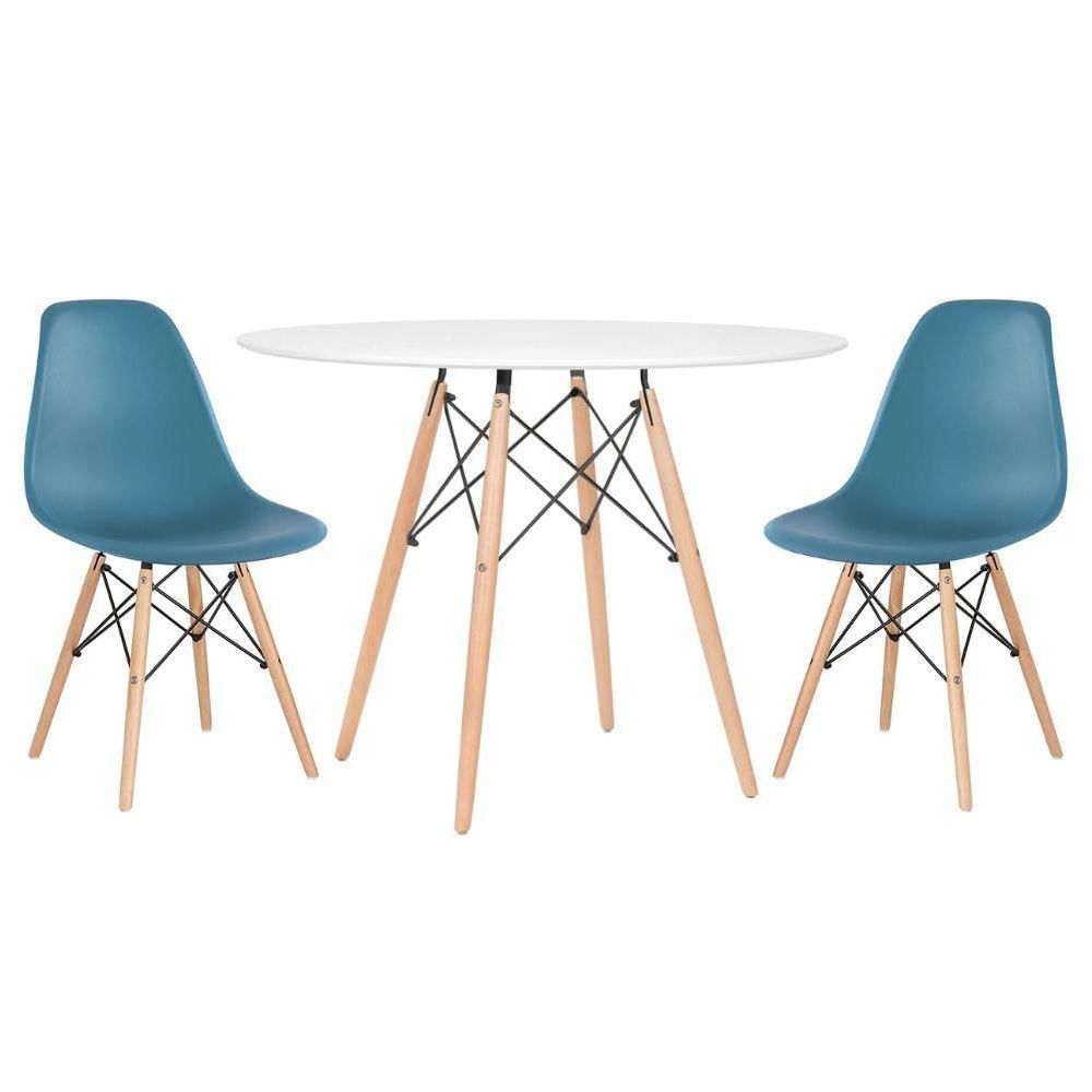 Mesa Redonda Eames 100cm Branco + 2 Cadeiras Turquesa