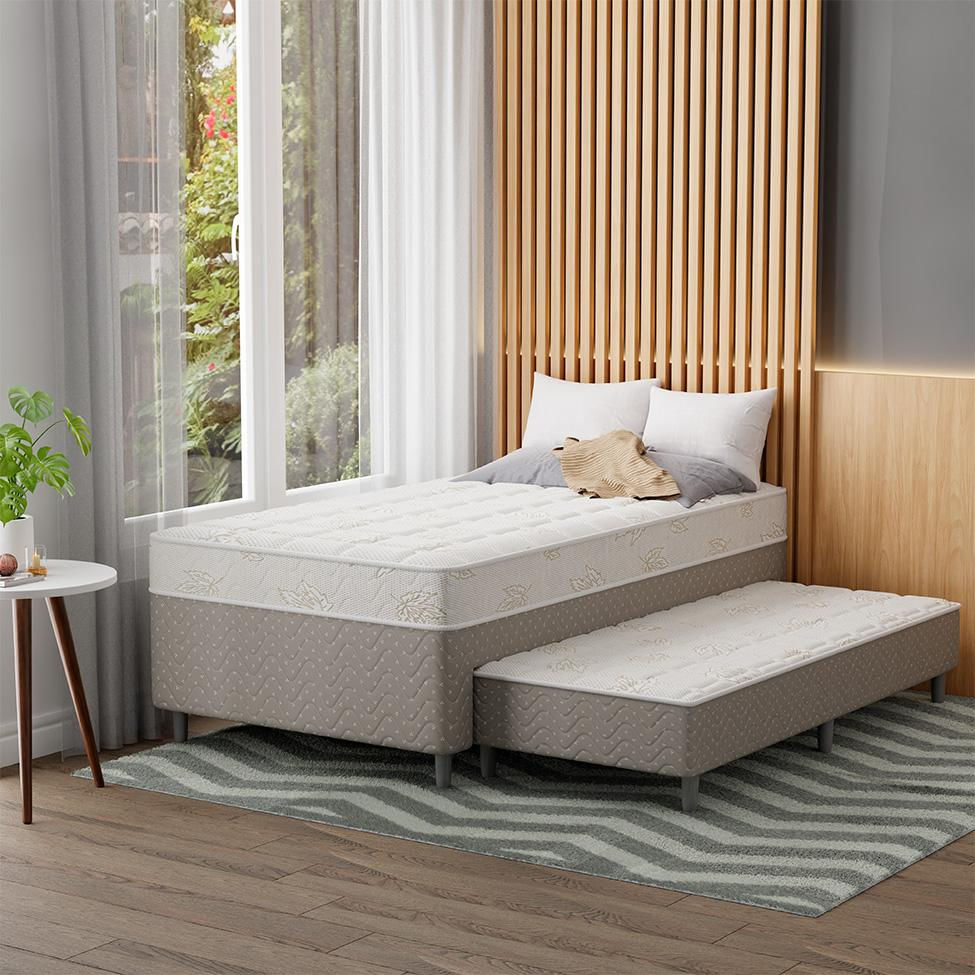 Cama Box Conjugada Solteirão com Cama Auxiliar Premier Unibox Molas Ensacadas (63x108x198) Bege