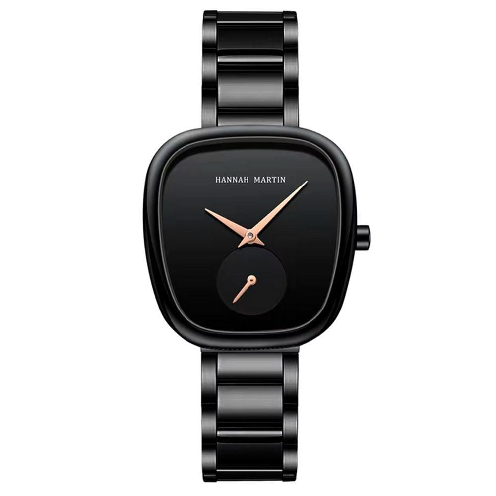 Relógio De Pulso De Quartzo Oval Estilo Minimalista Feminino Em Aço Inoxidavel Preto