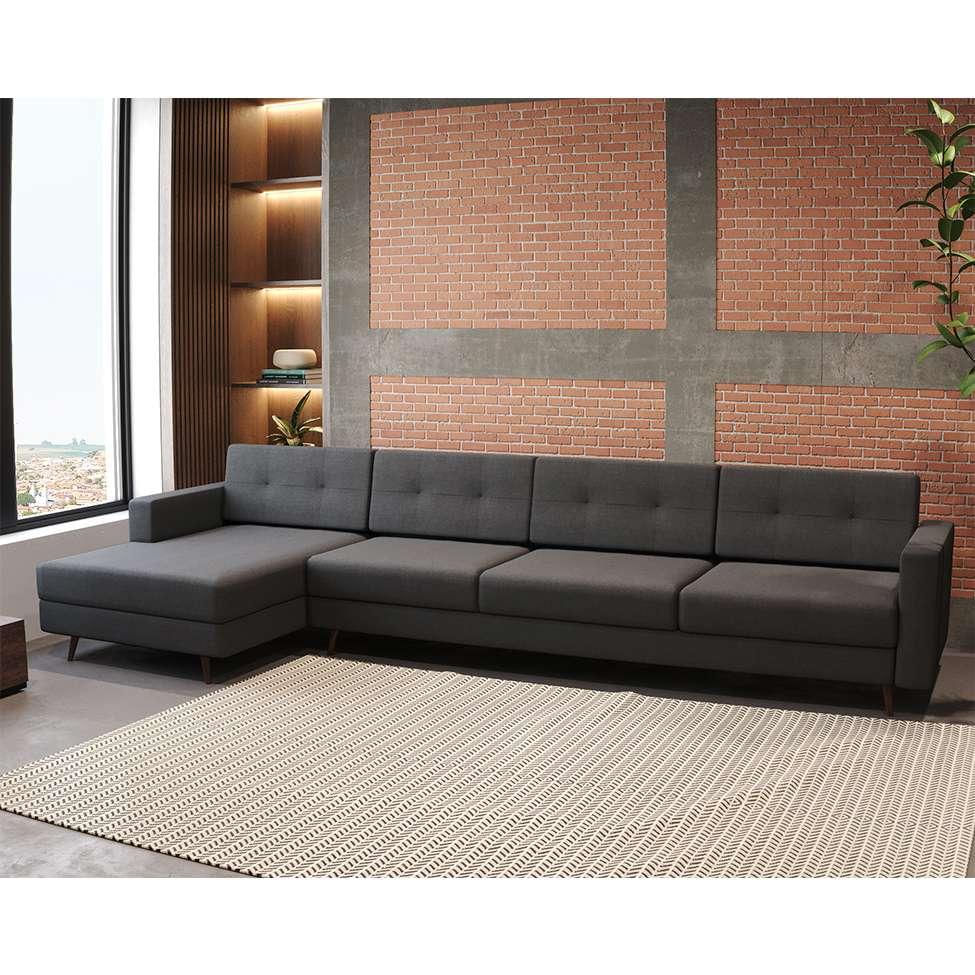 Sofá 4 Lugares Living com Chaise Esquerdo Pé Palito Linho Cotton Grafite Escuro