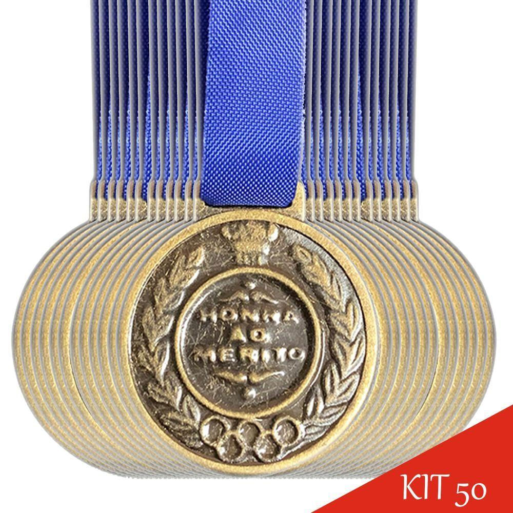 Conjunto 50 Medalhas Com Tirante Azul Honra Ao Mérito 2,9cm bronze