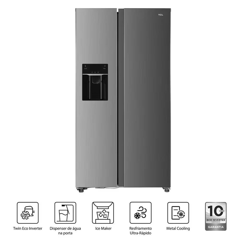 Geladeira TCL Side by Side C516SBIMN Twin Eco Inverter Frost Free516L Dispenser de Água na Porta Metal Cooling Painel Digital com 2 Portas Inox / 110V