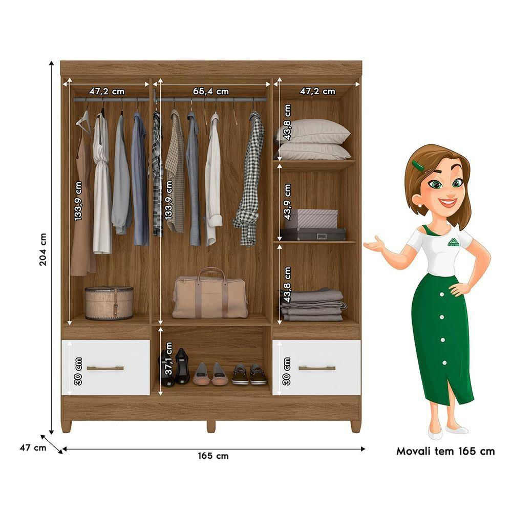 Guarda Roupa 6 Portas 2 Gavetas 165x204cm Ms912 Moval Naturale Branco