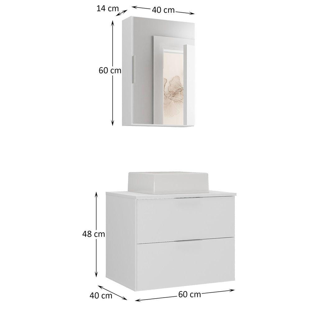 Conjunto Gabinete Banheiro Rubi 60cm Gabinete + Cuba + Espelheira Branco Inteiro