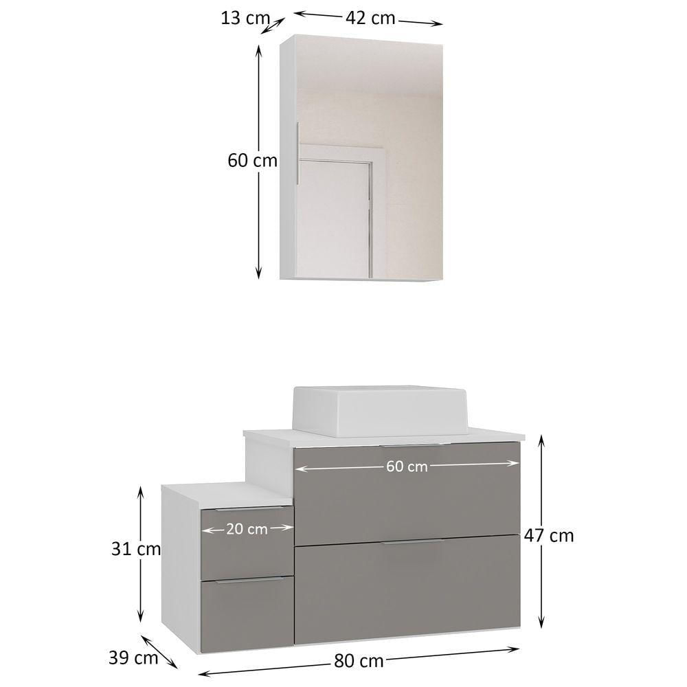 Conjunto Gabinete Banheiro Nivus 80 (gabinete+espelheira+cuba) Branco Cinza