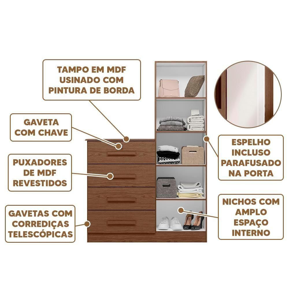 Cômoda Sapateira 1 Porta Espelho 4 Gavetas Cacau Berna Shop Jm