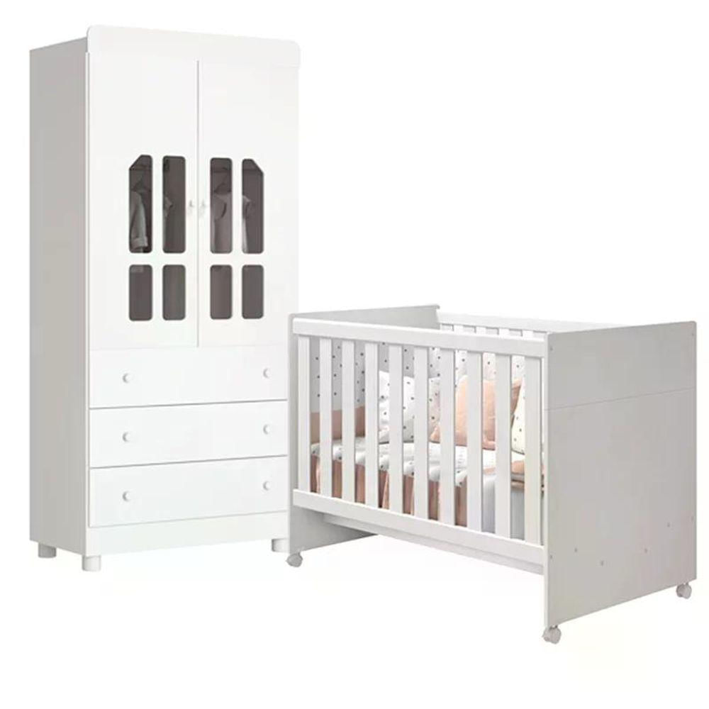 Quarto Infantil Katatau Com Guarda Roupa 2 Portas E Berço Branco Brilho Reller Móveis Branco Brilho