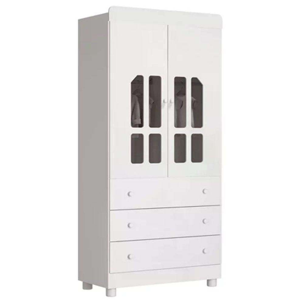 Quarto Infantil Katatau Com Guarda Roupa 2 Portas E Berço Branco Brilho Reller Móveis Branco Brilho