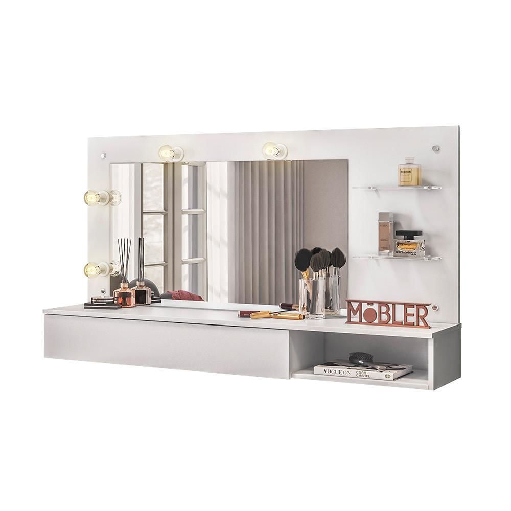 Penteadeira Camarim Suspenso Arlete com Espelho 01 Gaveta 135 cm Branco - D'Rossi