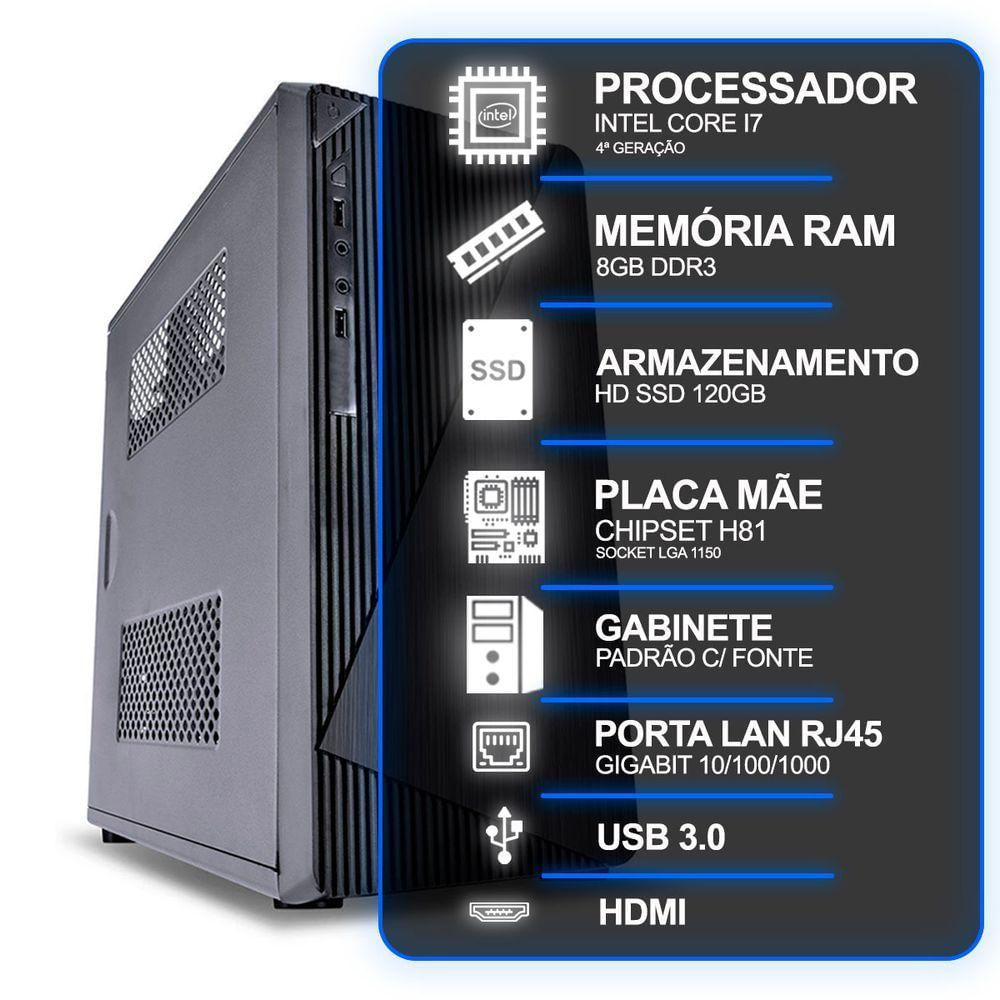 Computador Desktop, Intel Core I7 4º Geração, 8gb Ram, Hd Ssd 120gb, Conexões Usb-vga-hdmi-lan-som