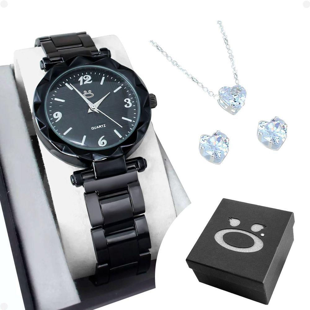 Relogio Feminino Aço Preto + Caixa + Brincos Delicado Social