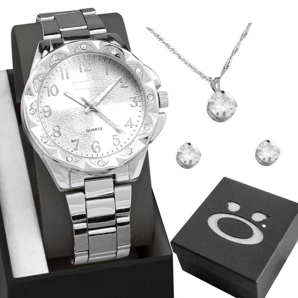 Brincos Strass Colar + Caixa + Relogio Aço Feminino Prata