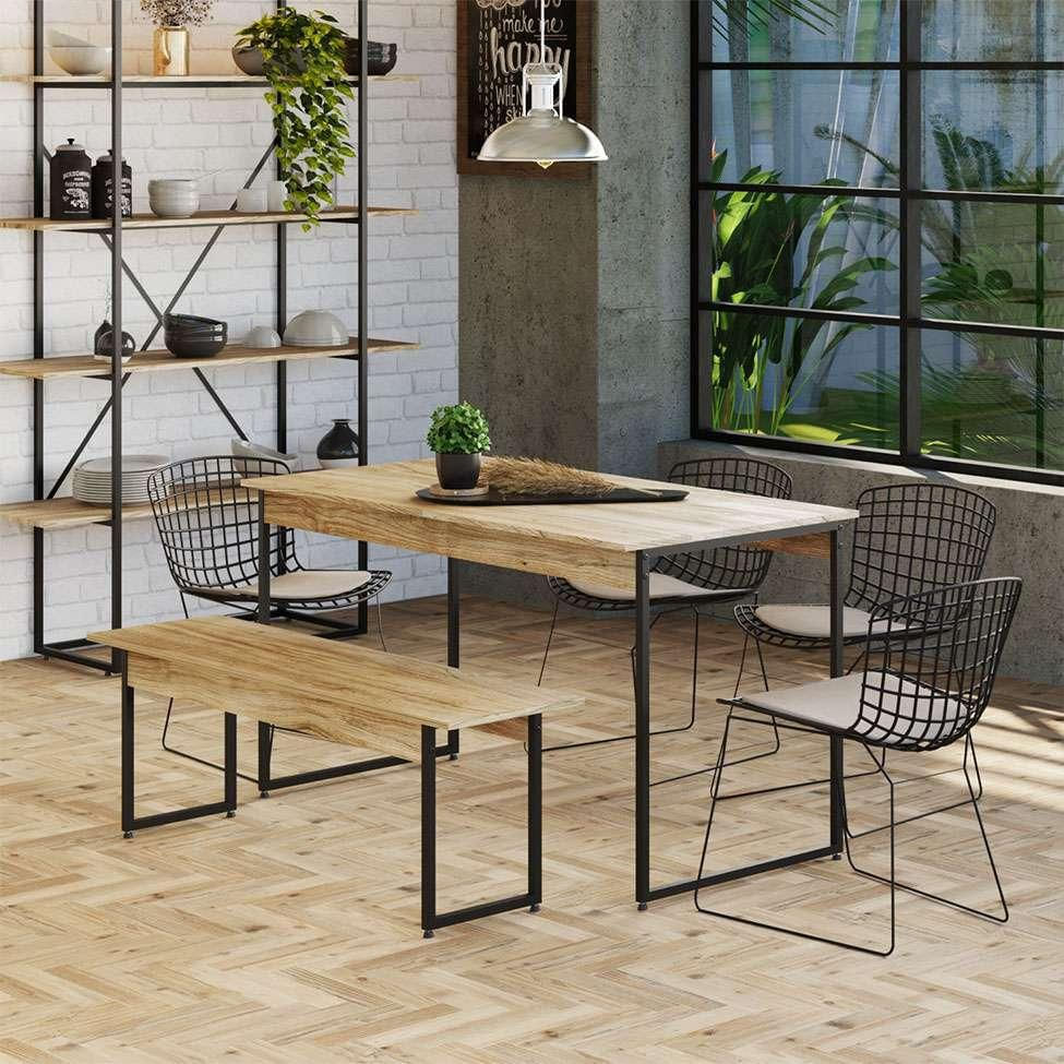 Conjunto de Mesa de Jantar com Banco Studio Carvalho e Preto