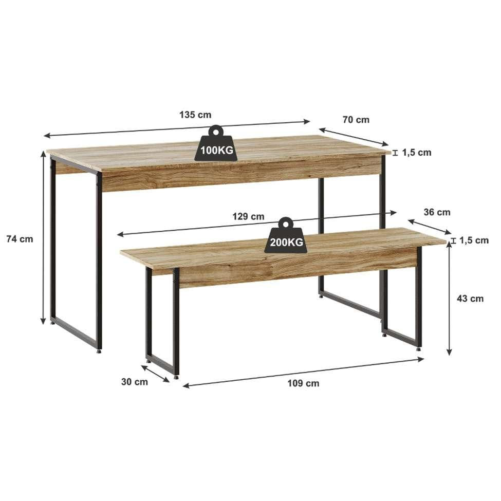 Conjunto de Mesa de Jantar com Banco Studio Carvalho e Preto