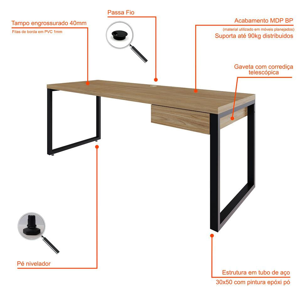 Mesa de Escritório Retangular Miguel 1 GV Vermont e Preta 190 cm