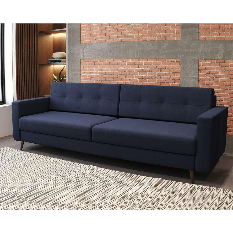 Sofá 3 Lugares Living Pé Palito Linho Cotton Azul Marinho 210 cm