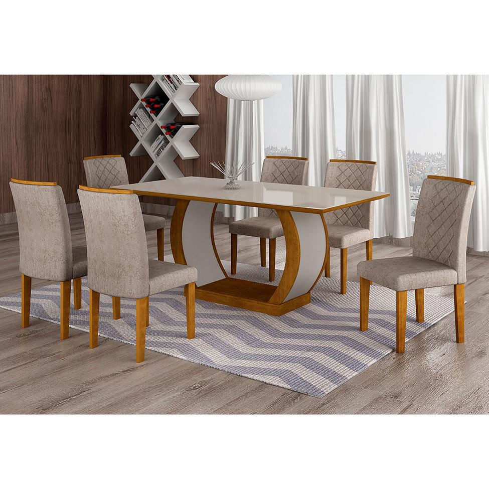 Conjunto de Mesa de Jantar com Vidro e 6 Cadeiras Maia I Suede Amassado Imbuia e Chocolate