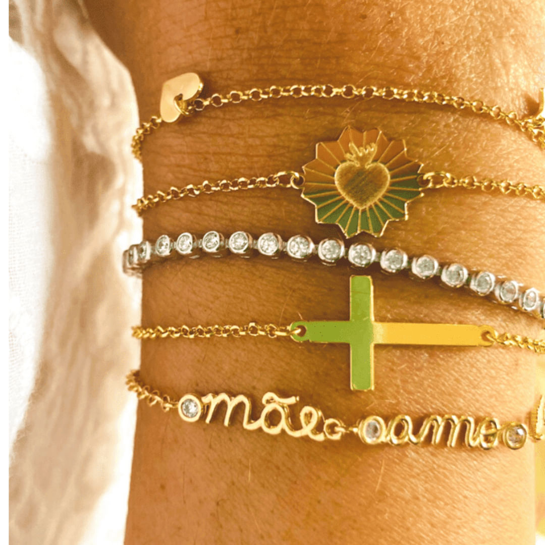 Pulseira Ponto de Luz Mãe Amo Você Zirconias Brancas em Prata e e Ouro Coleção Meus Amores