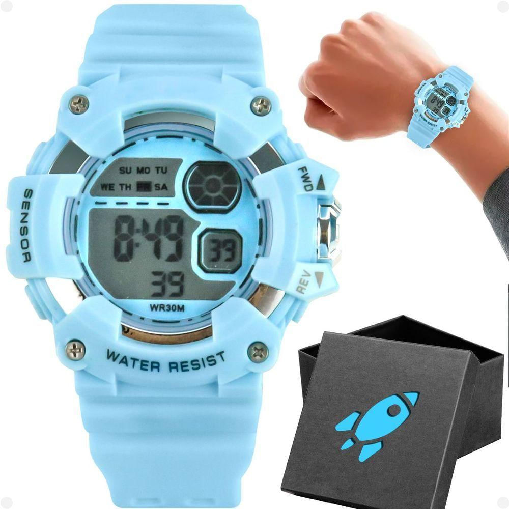 Relogio Digital Infantil Menino Criança Silicone + Caixa Original Azul Bebe Cronometro Esportivo