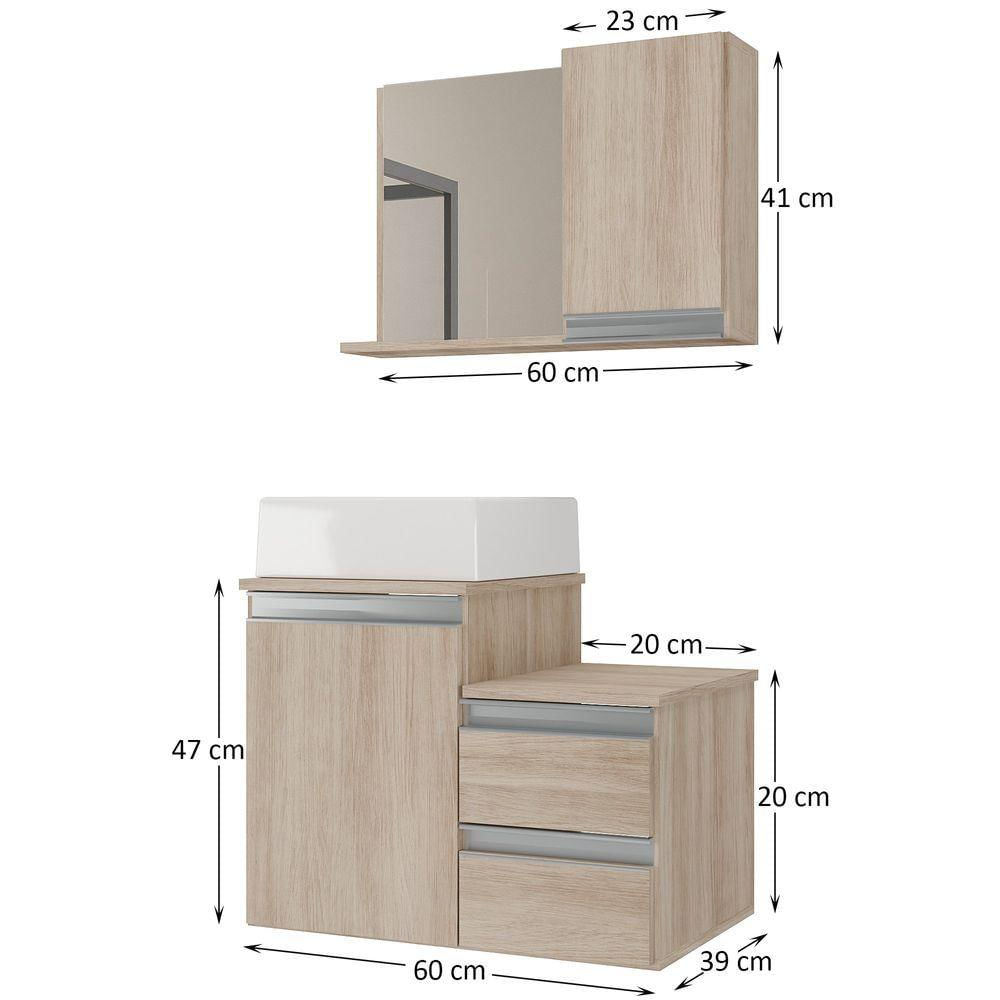 Conjunto Gabinete Banheiro Cross 60 (gabinete+espelheira+cuba) Madeirado Inteiro