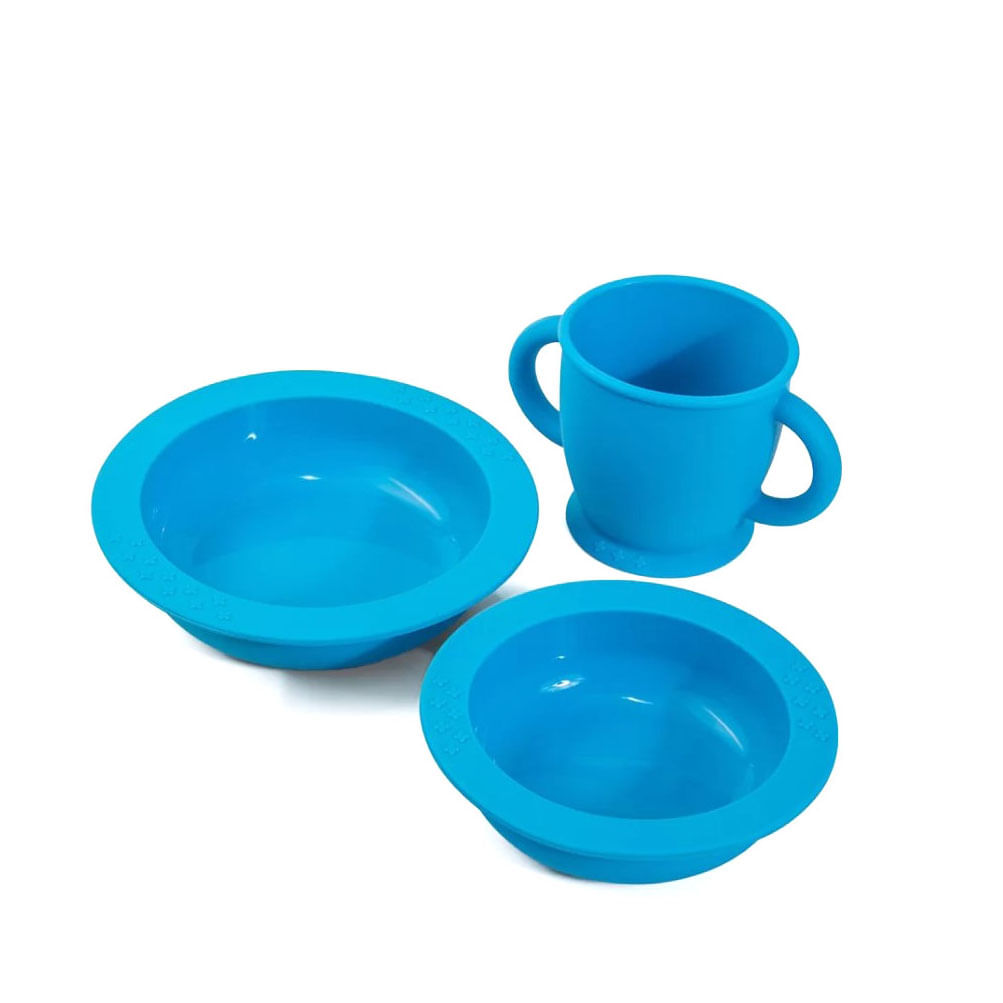 Copo e Prato Infantil Silicone Inquebravel Azul Criança Kids