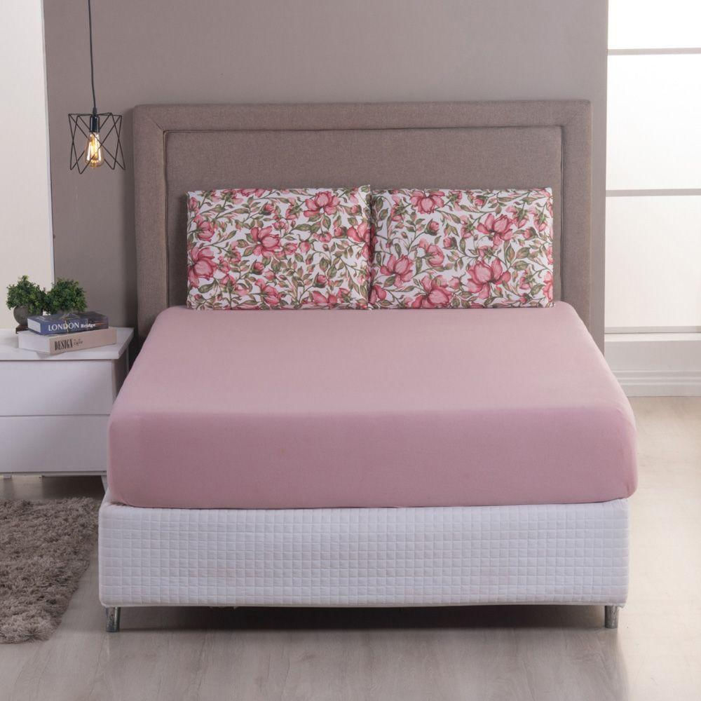 Jogo Cama Lençol Sonnet Queen Malha Estampada 100% Algodão 3 Peças - Flores - Rosê