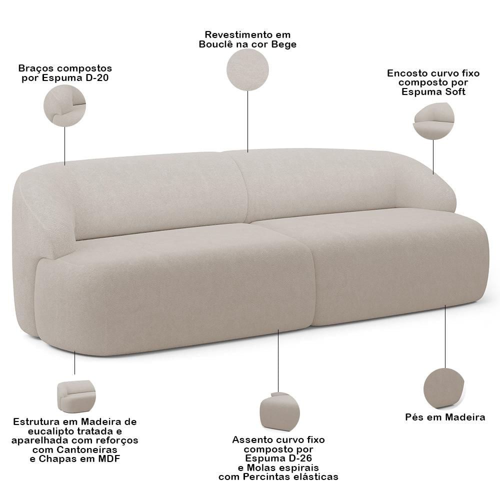 Sofá 3 Lugares Curvo Orgânico com 02 Poltronas Para Sala Living 250cm Barolo L06 Bouclê Bege - Lyam Decor