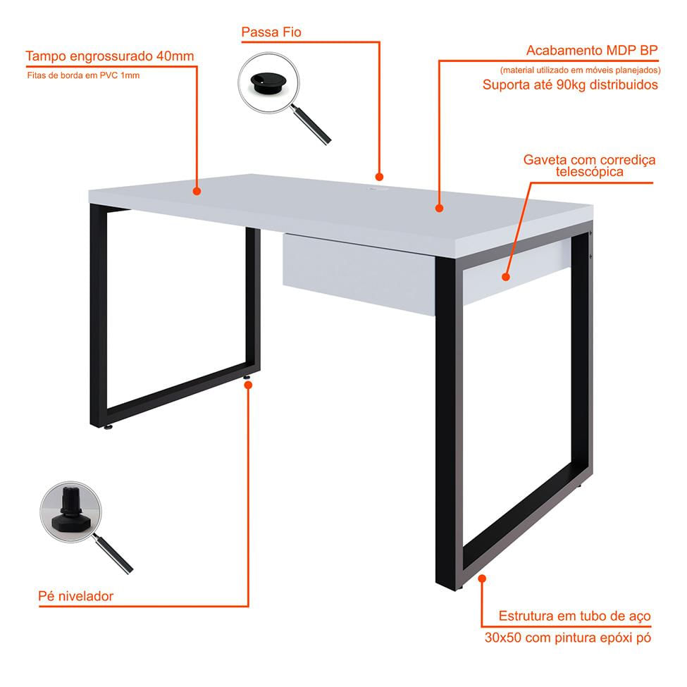 Mesa de Escritório Retangular Miguel 1 GV Branca e Preta 135 cm