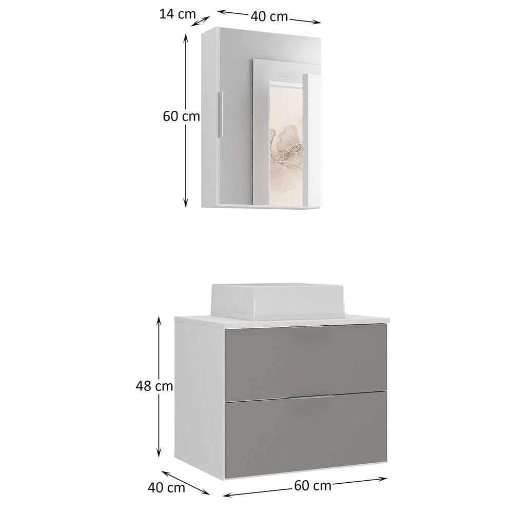 Conjunto Gabinete Banheiro Rubi 60cm Gabinete + Cuba + Espelheira Branco Cinza