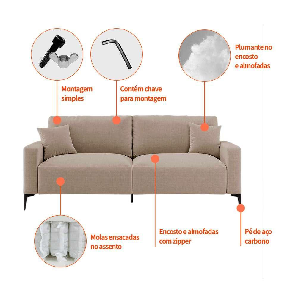 Sofá Unne 2 Lugares com Molas Ensacadas Linho Bege 170 cm