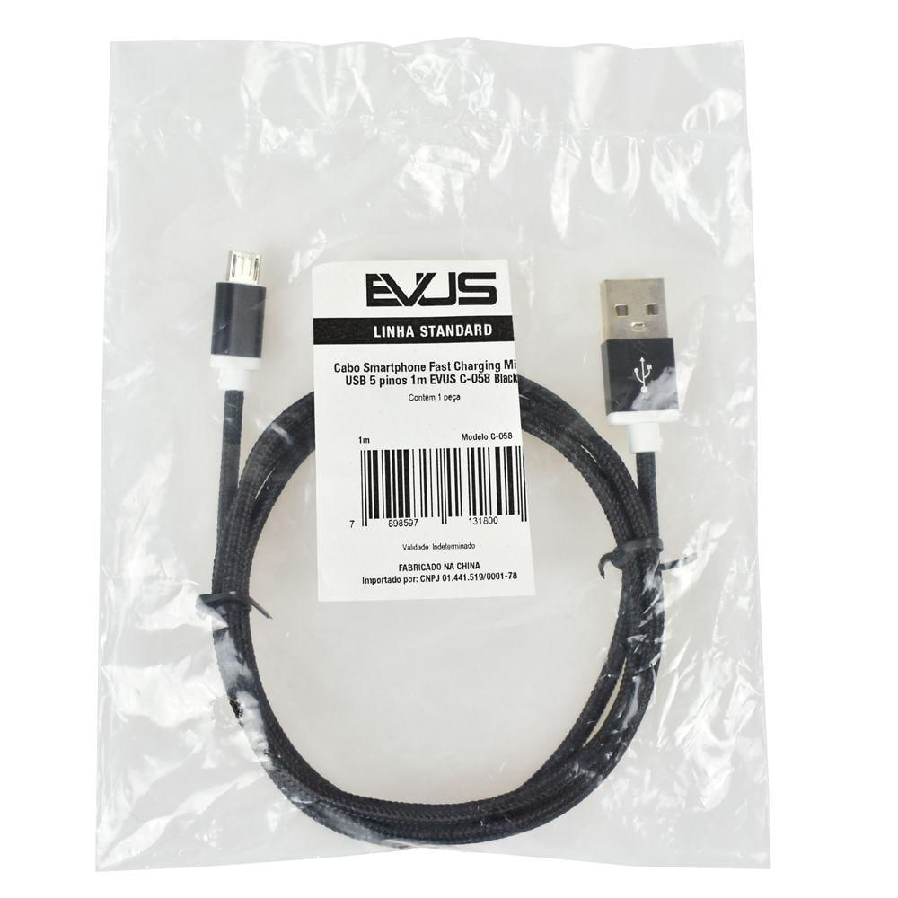 Cabo Usb Evus Fast Charge Micro Usb 5p 1.0m C-058 Preto