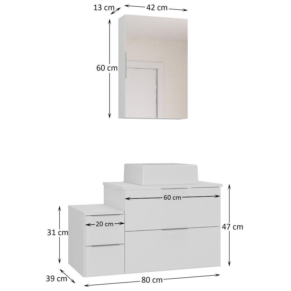 Conjunto Gabinete Banheiro Nivus 80 (gabinete+espelheira+cuba) Branco Inteiro