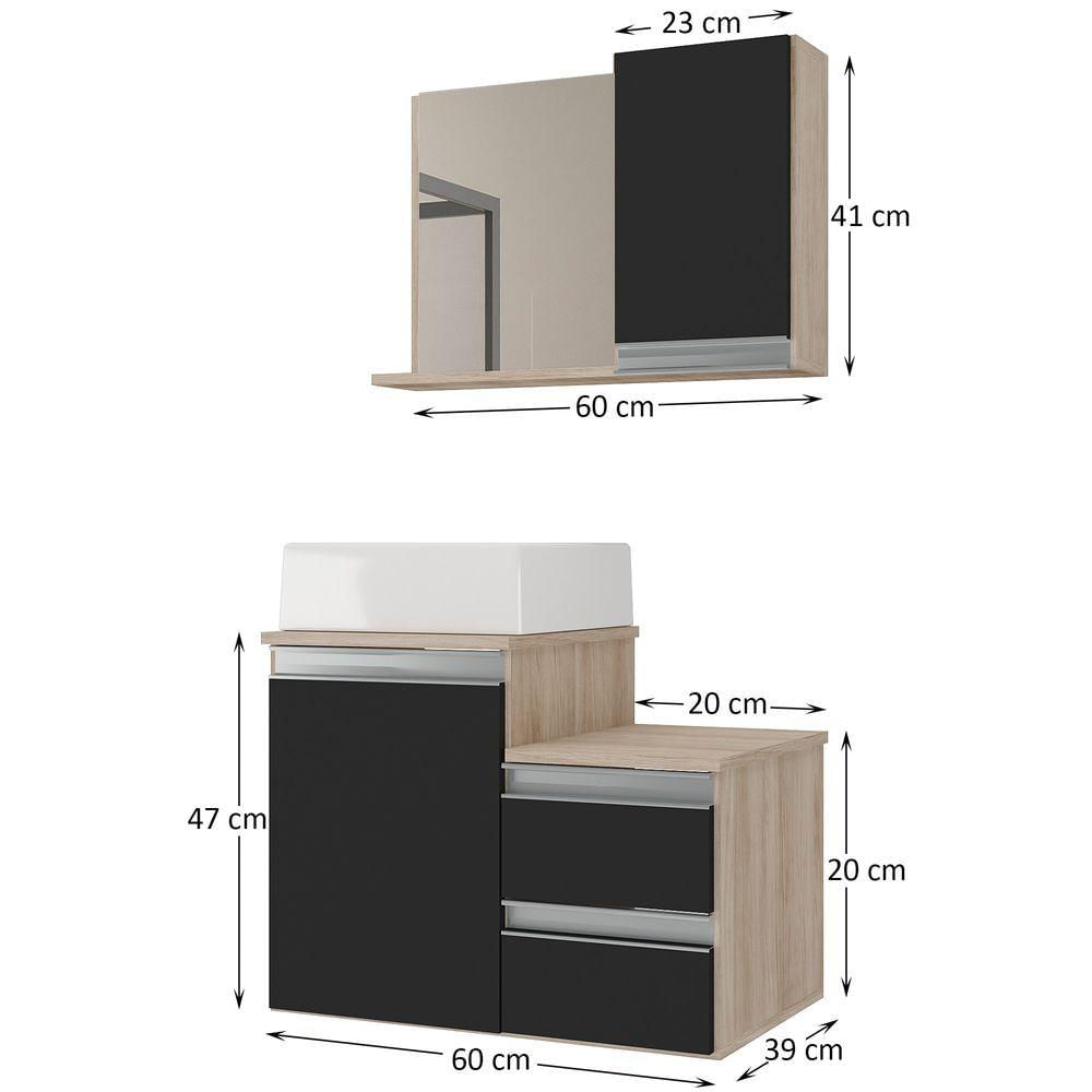 Conjunto Gabinete Banheiro Cross 60 (gabinete+espelheira+cuba) Madeirado Preto