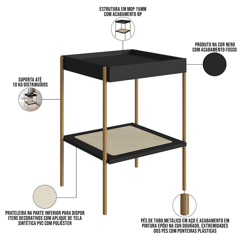 Kit 02 Mesas Lateral Para Sala de Estar Industrial Indy A03 Nero Dourado - Lyam Decor