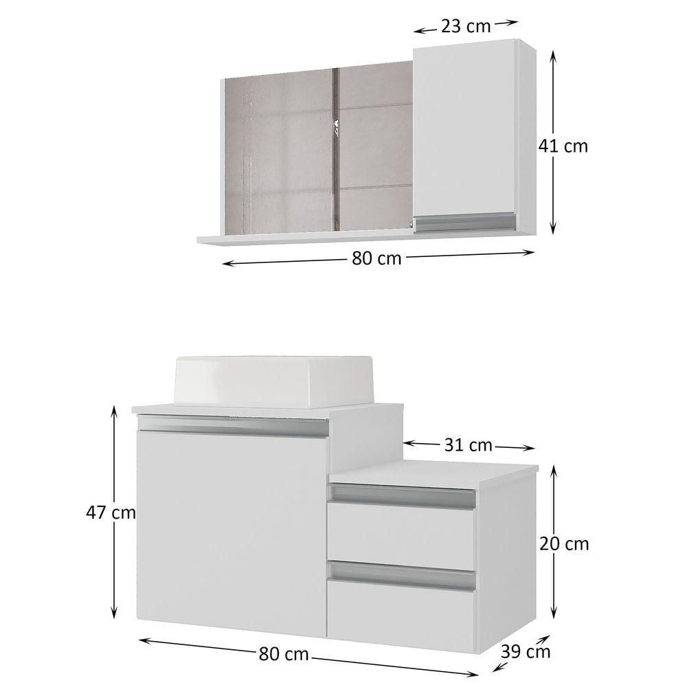 Conjunto Gabinete Banheiro Cross 80 (gabinete+espelheira+cuba) Branco Inteiro