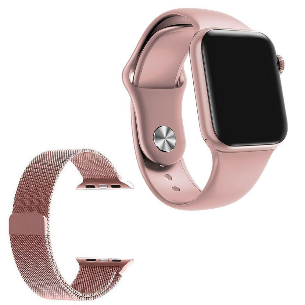 Relógio Smartwatch W58 Rosa Android Ios + 1 Pulseira Extra De Aço Rose