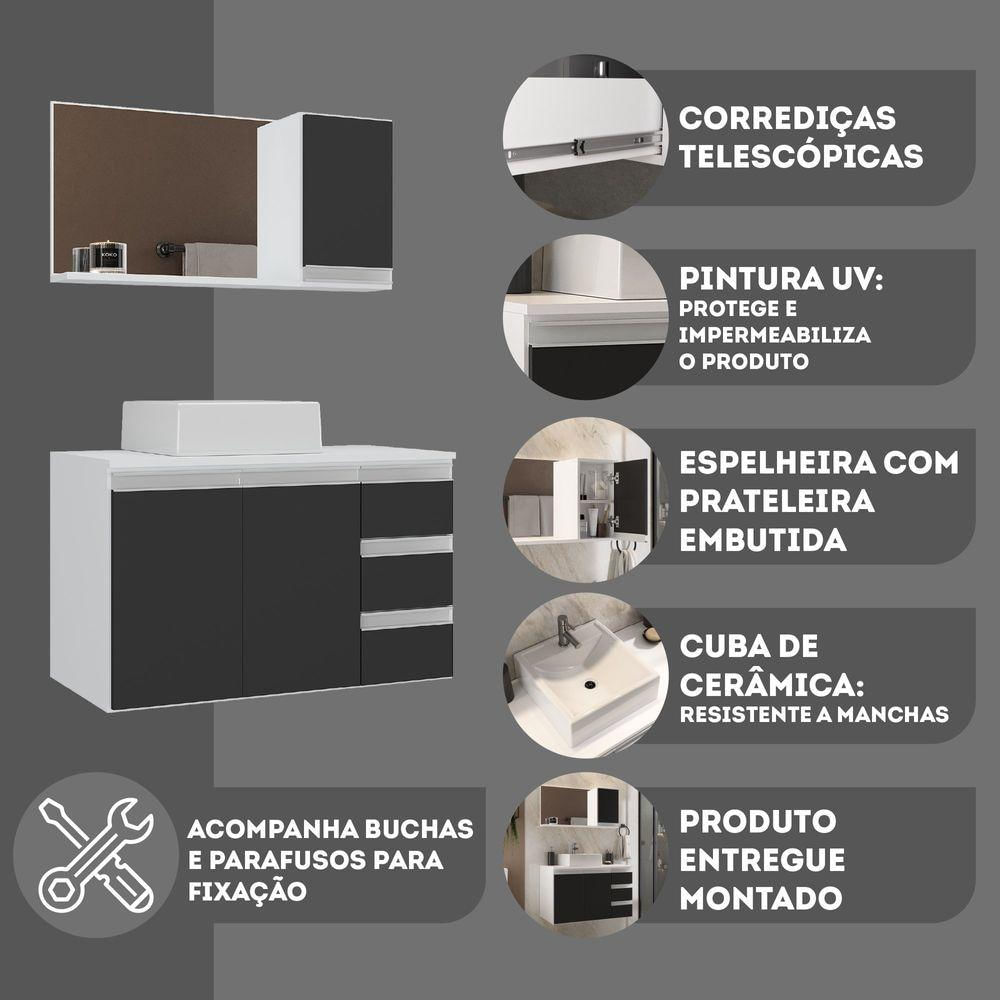 Conjunto Gabinete Banheiro Prisma 80cm Gabinete + Cuba + Espelheira Branco Preto