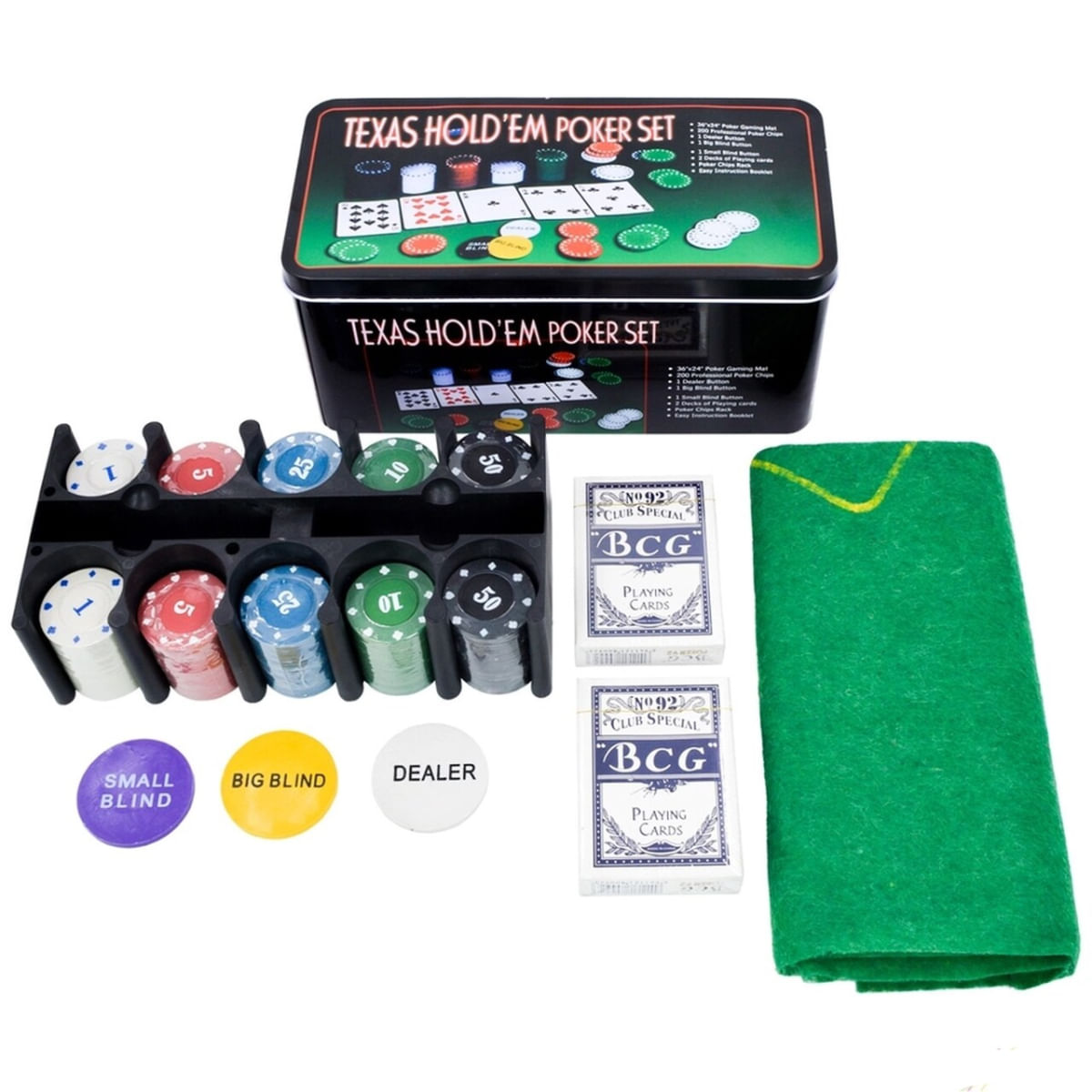 Kit Jogo de Poker 200 Fichas 2 Baralhos + Toalha De Mesa