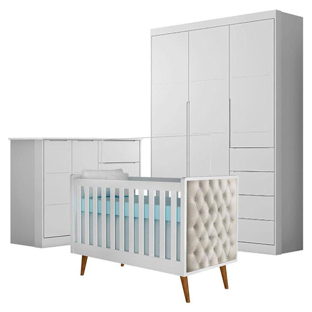 Quarto De Bebê Eloá Com Berço Americano Lorena Branco Acetinado Com Capitonê Bege - Phoenix Baby