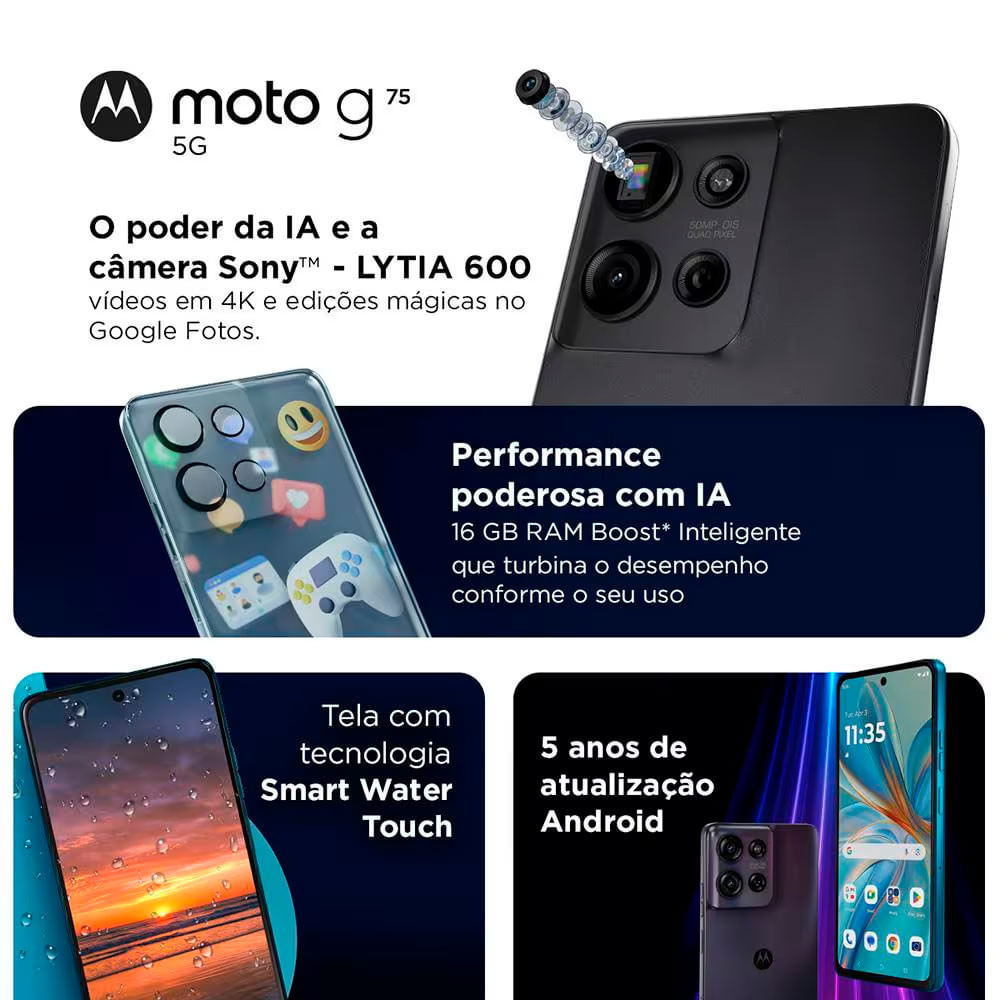 Smartphone Motorola Moto G75 5G 256GB 16GB RAM Boost Processador Octa-Core Câmera Traseira 50MP + 8MP Selfie de 16MP e Tela de 6.8 Polegadas Cinza / Bivolt